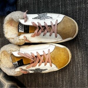 Golden Goose Kids White and Brown Sneakers with Pink Laces